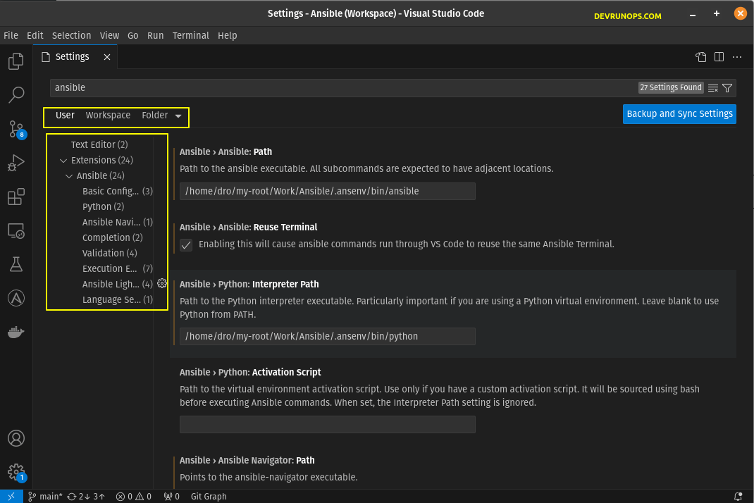 VSCode Ansible Settings Interface