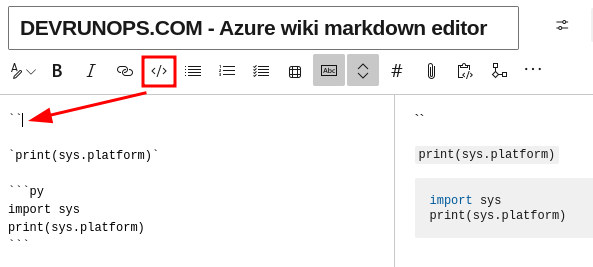 Azure Devops Wiki Markdown Editor Code Block