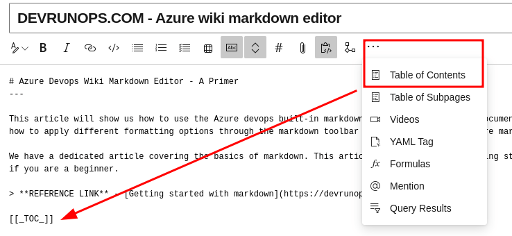 Azure Devops Wiki Markdown Editor Table Of Contents