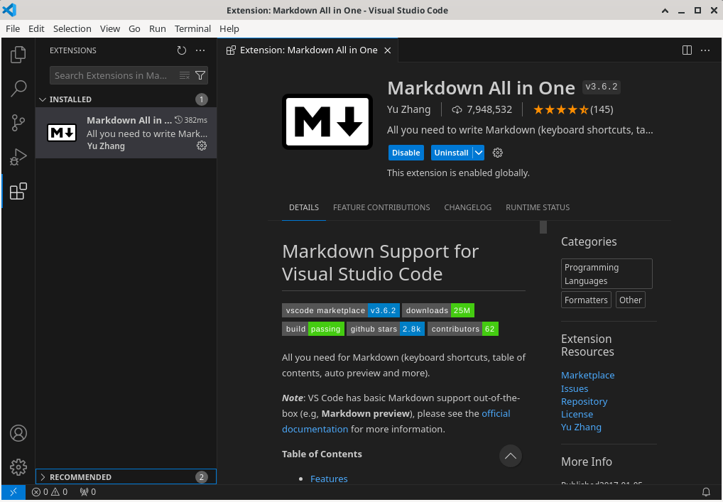 vscode markdown all in one extension