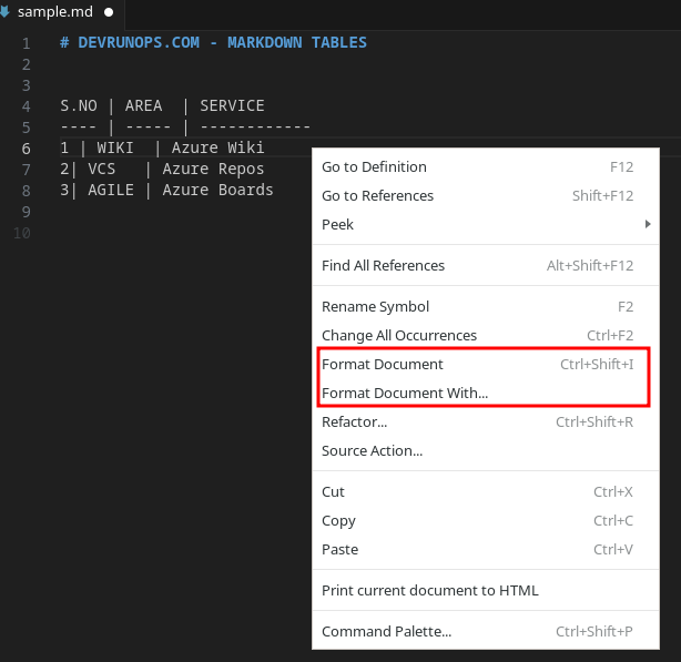 VSCode Format Markdown Table