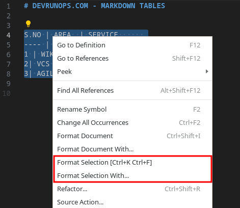 VSCode Format Selected Tables