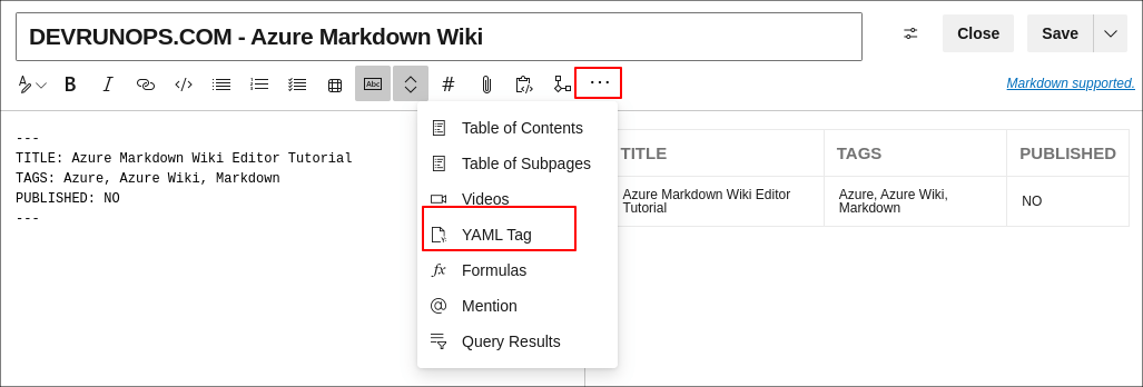 Azure Devops Wiki Markdown Editor YAML Tags